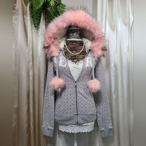 ♡ Y2K ♡ Aeropostale Heart Hoodie Baby Pink Fur Hood & Pompoms